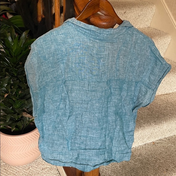 Rachel Zoe Pure Linen Teal Boxy Button-Up Beach Top - Picture 4 of 9